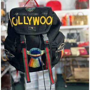 Gucci Black Backpack with Multicolor Embroidery Mesh Mix Material